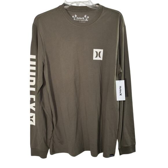 Hurley Logo T-Shirt Men's Size M Green Long Sleeve Crew Neck Cotton Pullover Tee - Picture 1 of 11